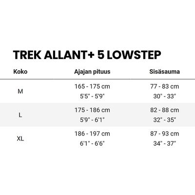 Trek Allant+ 5 545Wh sähköpyörän kokotaulukko